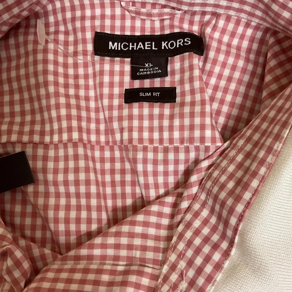 Michael Kors Slim Fit stretch short sleeved  plaid red ‎ white Women's blouse XL